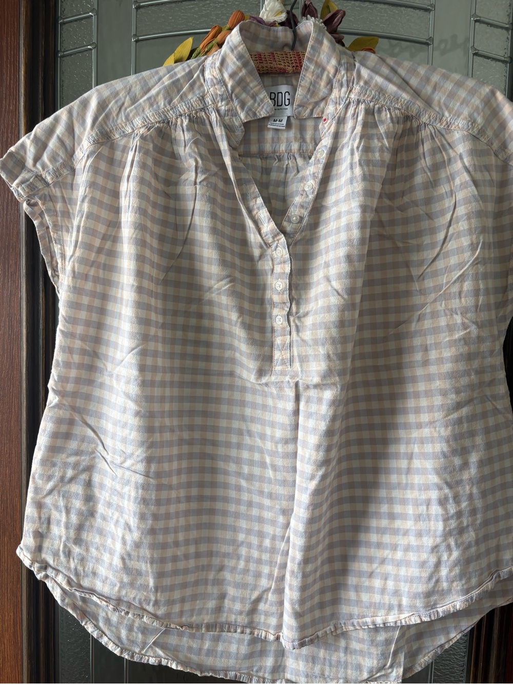 BDG Cream and Light Blue Gingham Henley Blouse